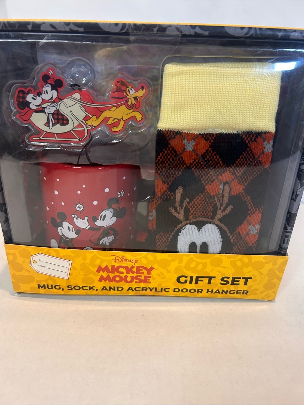 Disney Mickey Mouse Red Holiday Mug, Yellow & Brown Reindeer Socks Gift Set
